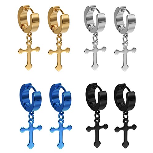 Flongo Ohrringe, 8 Stück Edelstahl Ohrstecker Creolen Ohrringe Ohrhänger Silber Schwarz Blau Gold Golden Klassiker Kreuz Anhänger Jahrgang Hip-Hop Herren, Damen 4 Paar Set von Flongo