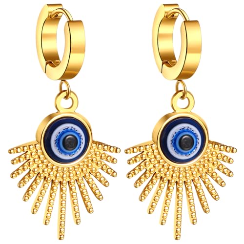 Flongo Ohrringe Damen Türkisches Auge: evil eye gold Hoop baumelnd Huggie Creolen groß Statement Ohrstecker Quasten charm chunky böser blick Edelstahl vergoldet goldene Earrings Glücksamulett Frauen von Flongo