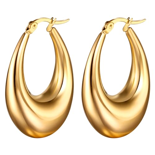 Flongo Ohrringe Gold Damen Creolen: Hoop Oval goldene rund Ohrstecker Groß Dick klobige Edelstahl Tropfen Glitzer Huggies charm chunky Reif Earrings Modeschmuck Geschenk für Frauen Mädchen von Flongo