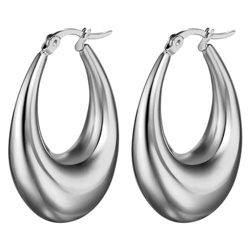 Flongo Ohrringe Hoop Damen Creolen: silber oval Ohrstecker rund Groß Dick klobige Edelstahl Tropfen Glitzer Huggies charm chunky Reif Earrings Modeschmuck Geschenk für Frauen Mädchen von Flongo