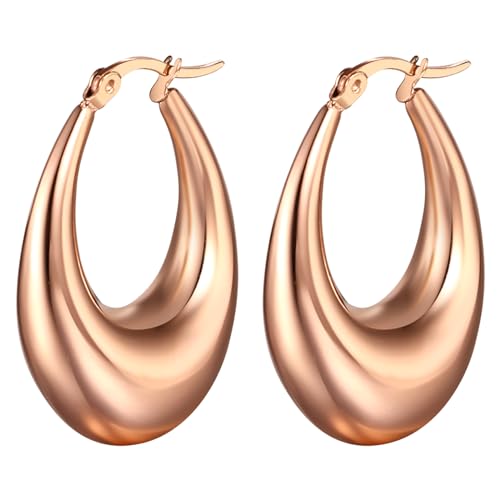 Flongo Ohrringe Rosegold Damen Creolen: Hoop Oval Rose rund Ohrstecker Groß Dick klobige Edelstahl Tropfen Glitzer Huggies charm chunky Reif Earrings Modeschmuck Geschenk für Frauen Mädchen von Flongo