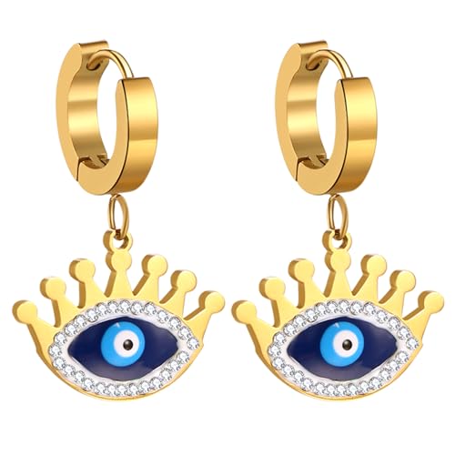 Flongo Ohrringe Türkisches Auge Damen: evil eye gold Hoop baumelnd Huggie Creolen groß Statement Ohrstecker Quasten charm chunky böser blick Edelstahl vergoldet goldene Earrings Glücksamulett Frauen von Flongo