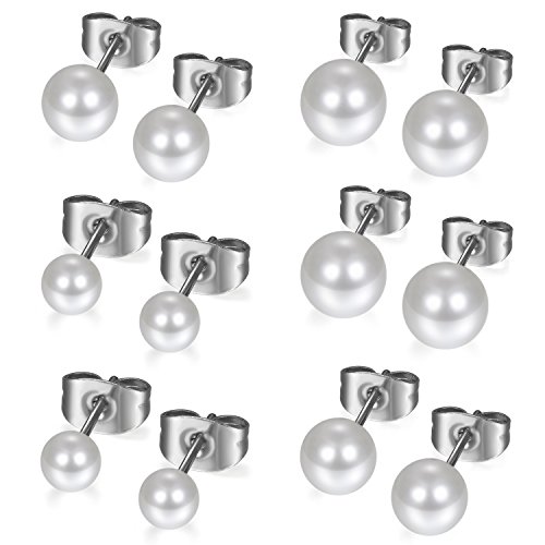 Flongo Ohrstecker, 12 Stück 3~8mm Edelstahl Harz Gestüt Stecker Ohrringe Ohrstecker Ohrhänger Tragus Helix Fake Plug Fakeplugs Silber Weiß Kugel Perle Perlen Charm Charme Elegant Damen 6 Paar Set von Flongo