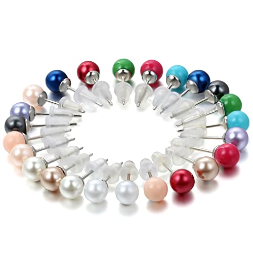 Flongo Damen Ohrringe Set Perlenohrringe Stecker bunt Ohrstecker 24 Stück 6mm Edelstahl Gestüt Stecker Farbige Kugel Perle Perlen Frauen Elegant Set (12 Paar) von Flongo