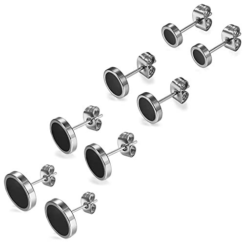 Flongo Ohrstecker Knopf, 6~12mm Edelstahl Ohrstecker Rund Gestüt Stecker Ohrringe Ohrhänger Fake Tunnel Fake Plug Illusion Fakeplugs Schwarz Silber Elegant Herren, Damen Ohrschmuck (4 Paar) von Flongo