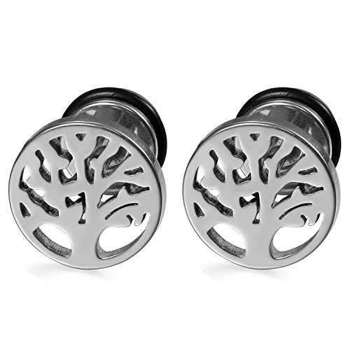 Flongo Herren Ohrstecker Damen Ohrringe Gestüt Stecker Ohrhänger Fake Plug Tunnel Silber Baum des Lebens Tree of Life für Männer Frauen von Flongo
