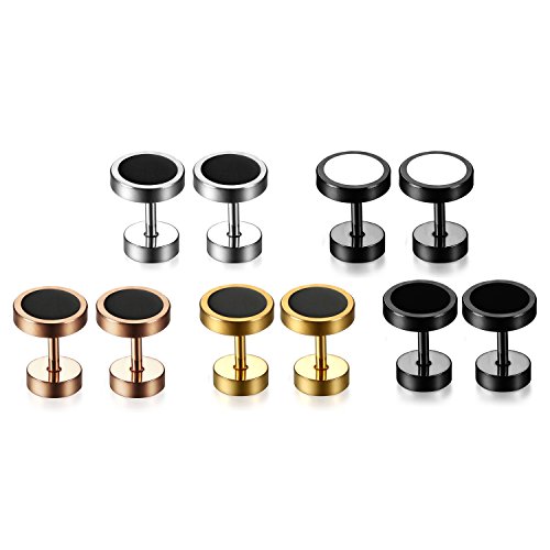 Flongo Ohrstecker Knopf, 10 Stück 8mm Edelstahl Gestüt Stecker Ohrringe Ohrstecker Ohrhänger Schwarz Silber Golden Rose Gold Weiß Rund Kreis Taper Fake Plug Tunnel Ohrstecker Herren, Damen 5 Paare von Flongo