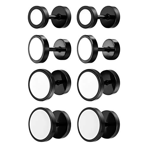 Flongo Ohrstecker Knopf, 6-12mm Edelstahl Ohrstecker Gestüt Stecker Ohrringe Tunnel Illusion verjüngt Cheater Faux Fakeplugs Weiß Schwarz Herren, Damen Ohrschmuck 8 Stück von Flongo