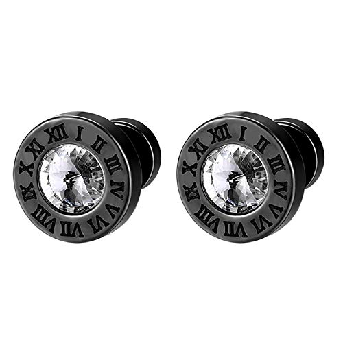 Flongo Ohrstecker Knopf, Edelstahl Ohrstecker Gestüt Stecker Ohrringe Ohrhänger Fakeplugs Schwarz Farbe mit Zirkonia und Römischen Ziffern Gravur Herren, Damen Ohrschmuck von Flongo