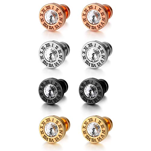 Flongo Ohrstecker Knopf, Edelstahl Ohrstecker Gestüt Stecker Ohrringe Ohrhänger Fakeplugs Schwarz Rose Gold Silber Farbe mit Zirkonia Römischen Ziffern Gravur Herren, Damen Ohrschmuck 4 Paar Set von Flongo