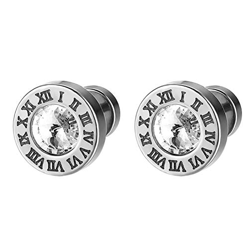 Flongo Ohrstecker Knopf, Edelstahl Ohrstecker Gestüt Stecker Ohrringe Ohrhänger Fakeplugs Silber Farbe mit Zirkonia und Römischen Ziffern Gravur Herren, Damen Ohrschmuck von Flongo