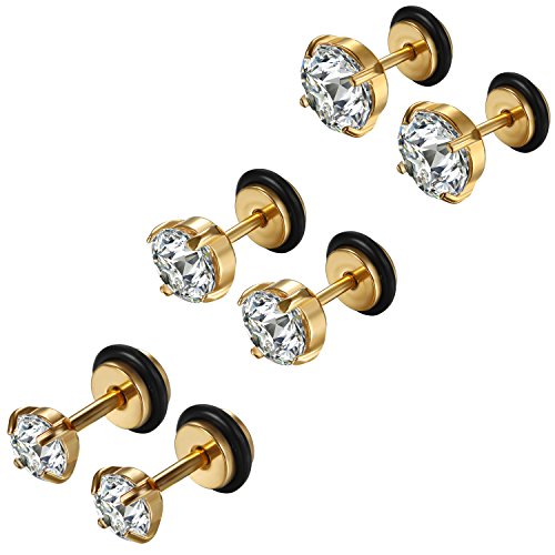 Flongo Ohrstecker Knopf 6 Paar Ohrringe Set Rund Zirkonia Gestüt Stecker Fakeplugs Fake Plug Tragus Piercing Stud Tunnel Ohrpiercing Ohrschmuck Herren, Damen von Flongo