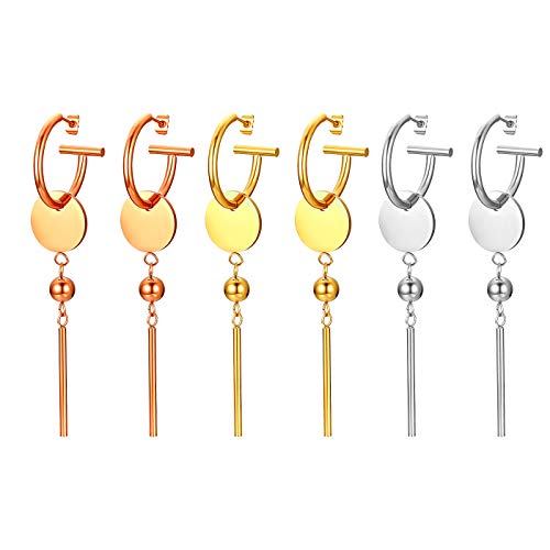 Flongo Ohrstecker Knopf Damen Groß Ohrringe Ohrhänger mit hängendem Rundem Plättchen Kreis Disk Form Quaste Troddel Hängeohrringe in Silber Gold Rosegold aus Edelstahl 6 Stück Set von Flongo