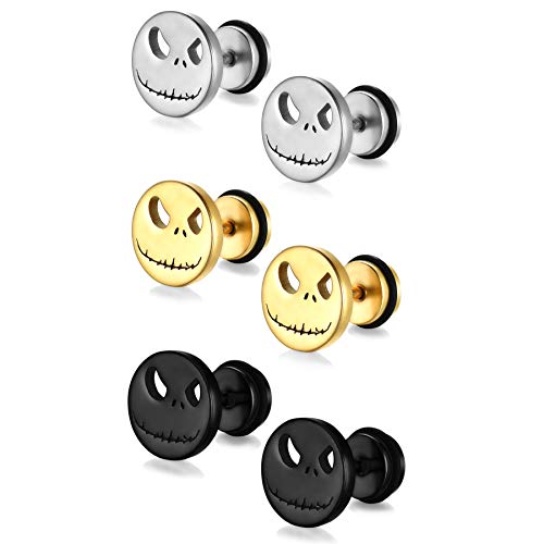 Flongo Ohrstecker Knopf Halloween Kürbis Gestüt Stecker Ohrringe Ohrhänger Fake Tunnel Fake Plug Illusion Fakeplugs Schwarz Silber Gold Elegant Herren, Damen Ohrschmuck 3 Paar Set von Flongo