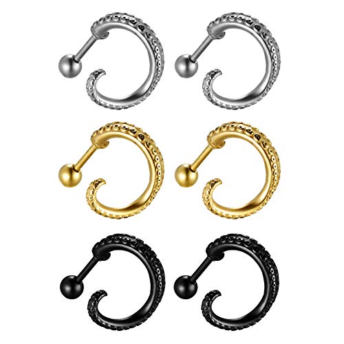 Flongo Ohrstecker Knopf Krake Gestüt Stecker Ohrringe Ohrhänger Fake Tunnel Fake Plug Illusion Fakeplugs Schwarz Silber Gold Elegant Herren, Damen Ohrschmuck 3 Paar Set von Flongo