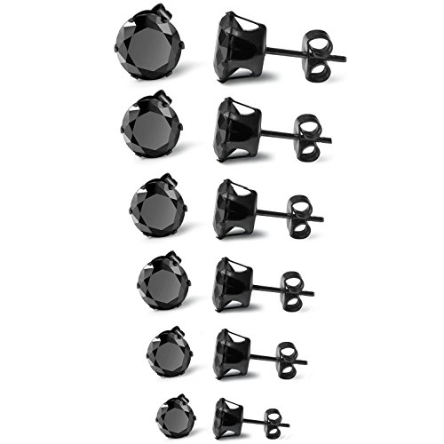 Flongo Ohrstecker Knopf Ohrringe Schwarz Rund Zirkonia Gestüt Stecker Fakeplugs Fake Plug Tragus Piercing Stud Tunnel Ohrpiercing Ohrschmuck Herren, Damen 6 Paar Set von Flongo