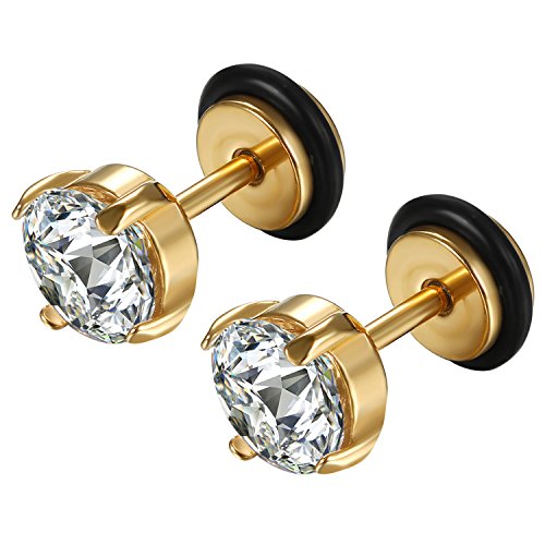 Flongo Ohrstecker Knopf Ohrringe Silber Schwarz Gold Rund Zirkonia Gestüt Stecker Fakeplugs Fake Plug Tragus Piercing Stud Tunnel Ohrpiercing Ohrschmuck Herren, Damen von Flongo