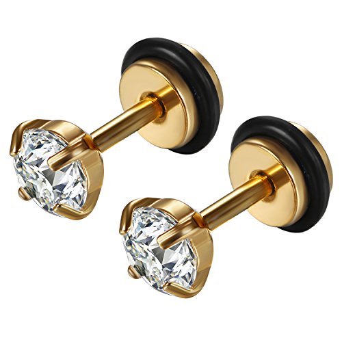 Flongo Ohrstecker Knopf Ohrringe Silber Schwarz Gold Rund Zirkonia Gestüt Stecker Fakeplugs Fake Plug Tragus Piercing Stud Tunnel Ohrpiercing Ohrschmuck Herren, Damen von Flongo