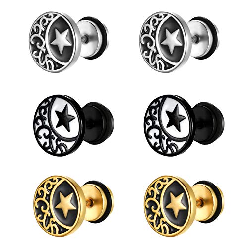 Flongo Ohrstecker Knopf Rund Halbmond Stern Gestüt Stecker Ohrringe Ohrhänger Fake Tunnel Fake Plug Illusion Fakeplugs Schwarz Silber Gold Elegant Herren, Damen Ohrschmuck 3 Paar Set von Flongo