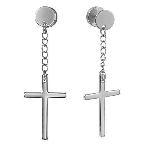 Flongo Herren Kreuz Ohrringe Edelstahl fake tunnel Stecker mit hängend Kreuz Kruzifix cross Baumeln Ohrschmuck land Kette Ohrhänger für Damen Männer piercing Anhänger silber von Flongo