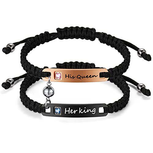 Flongo Pärchen Armband Partnerarmbänder für 2 Paar Armkette Rose Gold Schwarz Silber mit King Queen Gravur Männer,Frauen Geschenkideen von Flongo