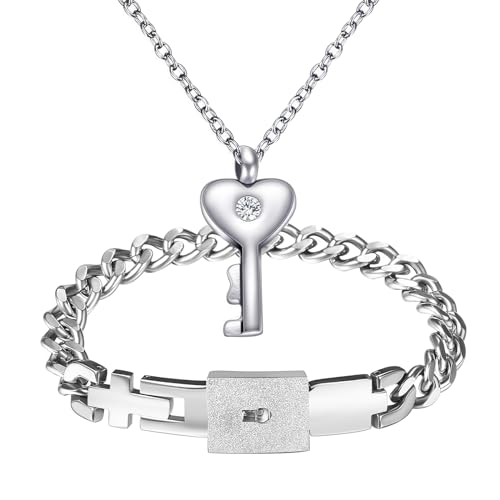 Flongo Pärchen Schloss Schlüssel Schmuckset: Silber Paare Armband Halskette Set Damen Kette mit Herz Anhänger und Herren Cuban Lock Armkette Edelstahl Geschenke für Partner Weihnachten Valentinstag von Flongo