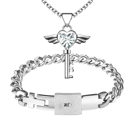 Flongo Pärchen Schloss Schlüssel Schmuckset: Silber Paare Armband Halskette Set Damen Kette mit Herz Flügel Anhänger Herren Cuban Lock Armkette Edelstahl Geschenk für Partner Weihnachten Valentinstag von Flongo