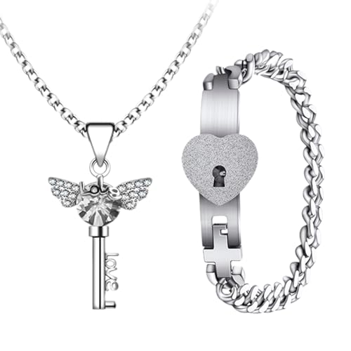 Flongo Pärchen Schloss Schlüssel Schmuckset: Silber Paare Armband Halskette Set Damen Kette mit Herz Flügel Kristall Herren Cuban Lock Armkette Edelstahl Geschenk für Partner Weihnachten Valentinstag von Flongo