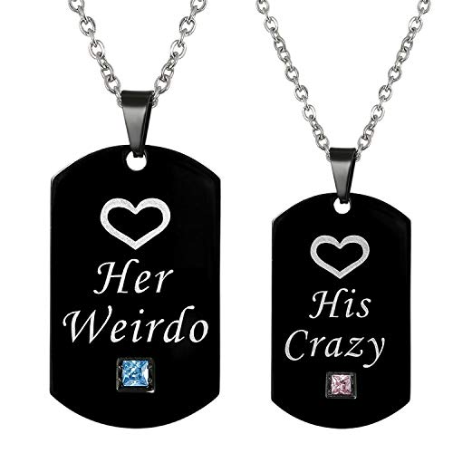 Flongo Partner Anhänger Freundschaftsketten Halskette Set, 2 Stück Zirkonia Edelstahl BFF Kette mit His Crazy, Her Weirdo Gravur Herz Erkennungsmarke Dog Tag Schwarz Partnerketten Herren,Damen von Flongo