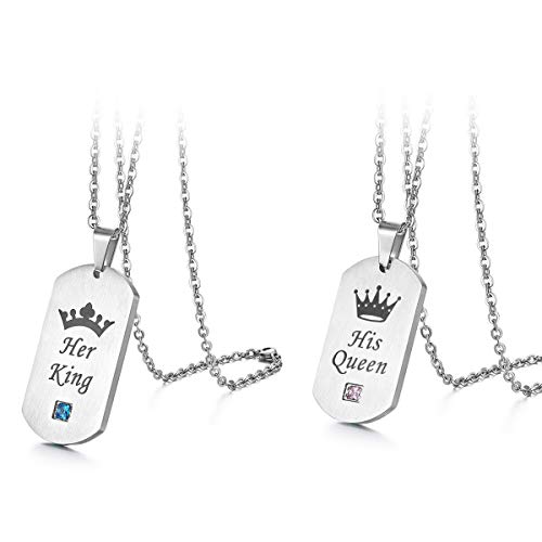 Flongo Partner Anhänger Freundschaftsketten Halskette für 2, Zirkonia Edelstahl BFF Kette mit His Queen, Her King Gravur Erkennungsmarke Dog Tag Silber Partnerketten Herren,Damen von Flongo