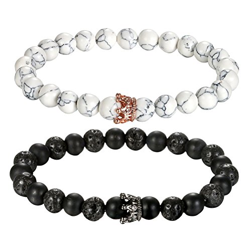 Flongo Partner Armbänder Freundschaftsarmband BFF Armbänder, Energiearmband Energie Armband Zirkonia Krone Lava Türkis Stein Gebet Mala Kugel Perle Herren,Damen Accessoires 2 Stück Set von Flongo