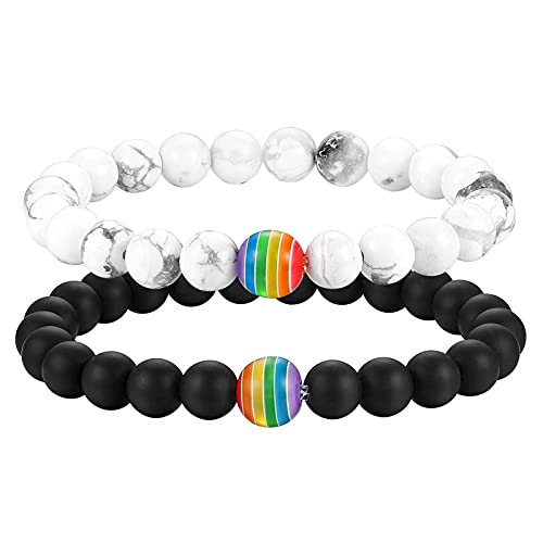 Flongo Partner Armbänder Energiearmband Energie LGBT Armband Regenbogen Streifen Gay Pride Schwul Homosexual Homosexuell Lava Türkis Stein Mala Kugel Perle Herren,Damen Accessoires 2 Stück Set von Flongo