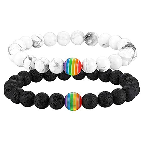 Flongo Partner Armbänder Energiearmband Energie LGBT Armband Regenbogen Streifen Gay Pride Schwul Homosexual Homosexuell Lava Türkis Stein Mala Kugel Perle Herren,Damen Accessoires 2 Stück Set von Flongo