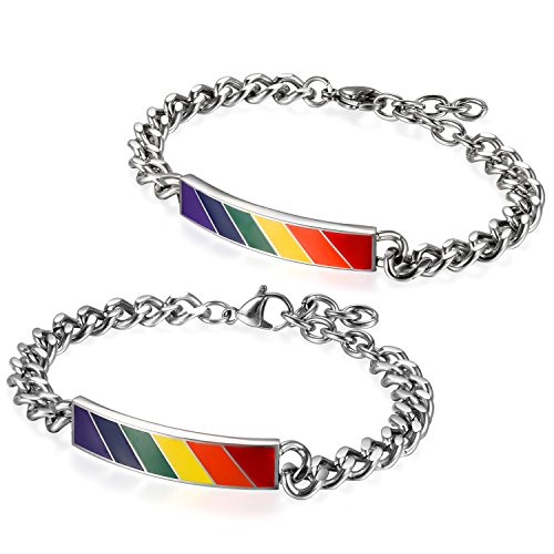 Flongo Gay Schwul Partner Armband, Edelstahl Armband Armreifen Armkette Silber Mehrfarbig Regenbogen Streifen Gay Pride LGBT Schwul Homosexual Homosexuell Panzerkette Kette (2 Stück, Damen/Herren) von Flongo