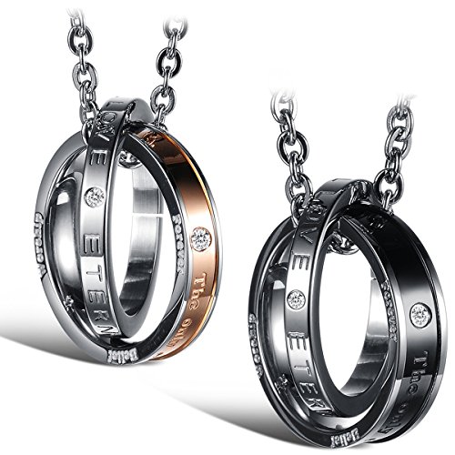 Flongo Partner Halskette Freundschaftsketten für 2, Edelstahl BFF Ketten Silber Rose Gold Schwarz mit Gravur Ringen Anhänger für Herren, Damen von Flongo