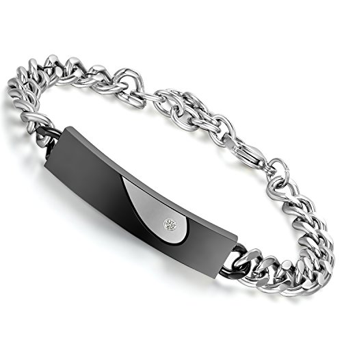 Flongo Partnerarmbänder, Edelstahl BFF Armband Armreif Freundschaft CZ Zirkon Zirkonia Silber Schwarz Panzerkette Kette Herz Valentine Lieben Paar Paare Verlobung His & Hers Herren,Damen von Flongo