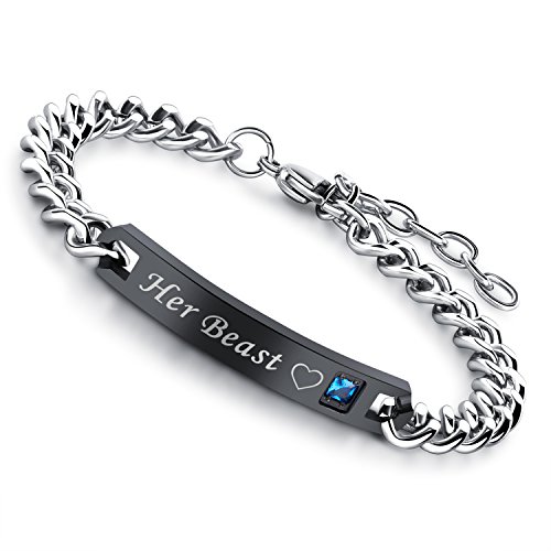 Flongo Partnerarmbänder BFF Ketten Freundschaftsarmbänder, Edelstahl Armband Armreif Armkette Rose Gold Schwarz Silber Zirkonia Panzerkette Kette His Beauty & Her Beast Gravur Herren von Flongo