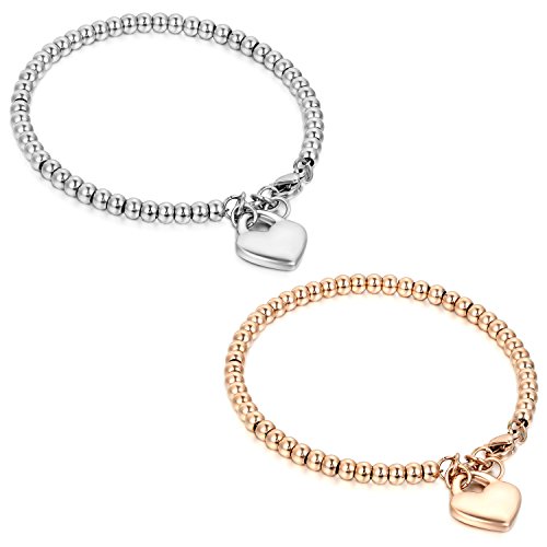 Flongo Partnerarmbänder Freundschaftsarmband, 2 Stück Edelstahl Armband Armreifen Armkette BFF Ketten Silber Rose Gold Kugel Kette Perle Perlen Herz Herzen Schloß Sperren Valentien Herren,Damen Set von Flongo