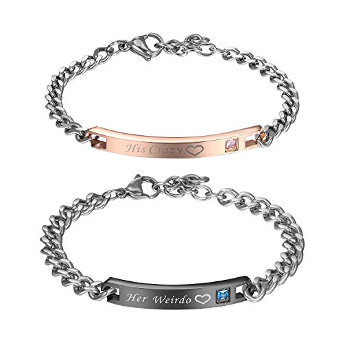 Flongo Paar Armbänder EIN Paar Edelstahl-Armbänder mit Zirkonia Textgravur Liebesschwüre Rose Gold + schwarz Partnerarmbänder Love-Schmuck Geschenke für Valentinstag Geburtstage Jahrestage von Flongo