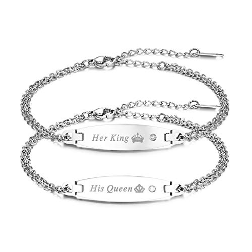 Flongo Partnerarmband BFF Ketten, 2 Stück Edelstahl Armband Armreif Armkette Silber Panzerkette Kette Partnerarmbänder Paar His Queen & Her King Gravur Tag Herren,Damen Set von Flongo