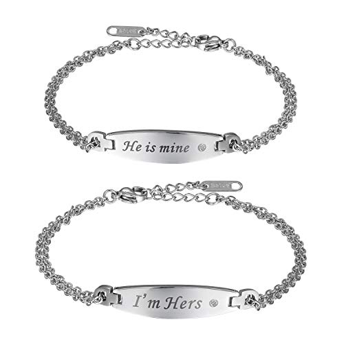 Flongo Partnerarmband BFF Ketten, 2 Stück Edelstahl Armband Armreif Armkette Silber Panzerkette Kette Partnerarmbänder Paar I'm Hers & He is Mine Gravur Tag Herren,Damen Set von Flongo