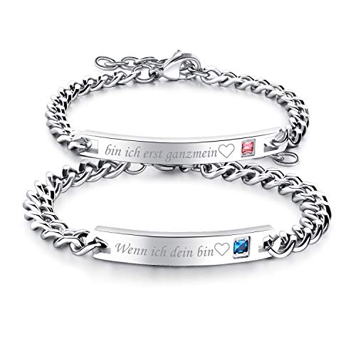 Flongo Paar Armbänder EIN Paar Edelstahl-Armbänder mit Zirkonia Textgravur Liebesschwüre Silber Partnerarmbänder Love-Schmuck Geschenke für Valentinstag Geburtstage Jahrestage von Flongo