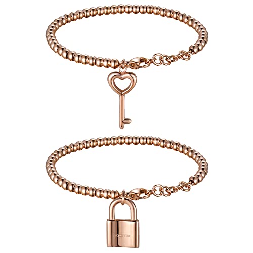 Flongo Partnerarmband BFF Ketten Freundschaftsarmband für 2 Pärchen Paar Armbänder Armreif Armkette Schloss mit Schlüssel für Männer, Frauen Geschenkideen Rosegold von Flongo