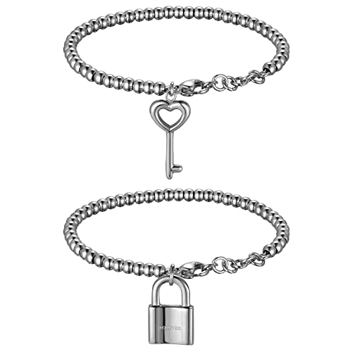 Flongo Partnerarmband BFF Ketten Freundschaftsarmband für 2 Pärchen Paar Armbänder Armreif Armkette Schloss mit Schlüssel für Männer, Frauen Geschenkideen Silber von Flongo