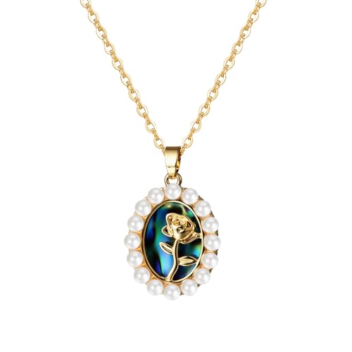 Flongo Perlmutt Blumen Halskette für Damen: Abalone Muschel Anhänger mit Kunstperlen - Gold Blumen Kette - Edelstahl Schmuck - Geschenk für Geburtstag Valentinstag Muttertag von Flongo