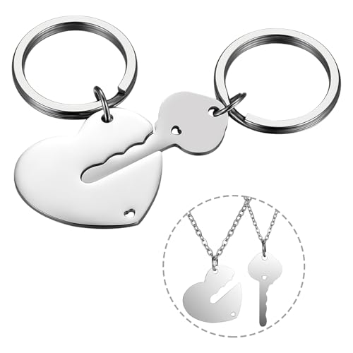 Flongo Personalisierte Schlüsselanhänger mit Kette für Paare: 2 Stück Edelstahl Herz Schlüssel Schloss Schlüsselring mit Gravur Partner Anhänger Halskette Valentinstag Pärchen Geschenk von Flongo