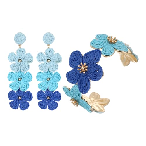 Flongo Raffia Blumen Armband für Damen: 2 Stück Blau Strand Schmuck - Tropische Hängeohrringe mit Armreif - Sommer Beach Jewelry - Natürlicher Boho Ohrringe - Urlaubsschmuck Geschenk Set von Flongo
