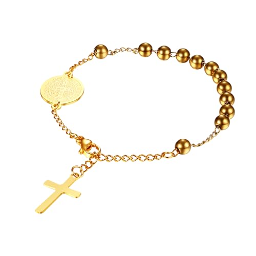 Flongo Rosenkranz Armband gold mit Kreuz Anhänger Benedikt Medaille Edelstahl Christlich Auto Arm Kette Perlen Rosary Bracelet Geschenk für Damen Herren von Flongo