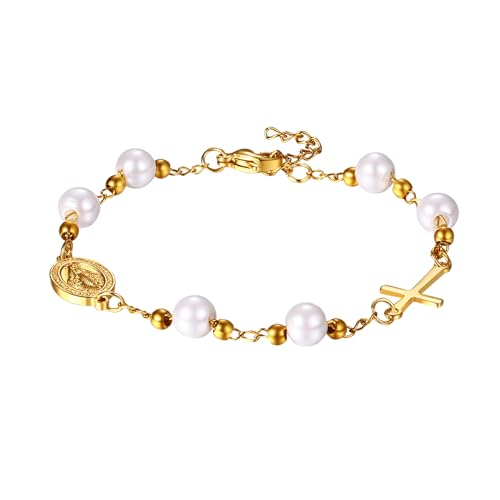 Flongo Rosenkranz Armband gold mit Kreuz Anhänger Benedikt Medaille Edelstahl Christlich Auto Arm Kette weiß Perlen Rosary Bracelet Geschenk für Damen Herren von Flongo