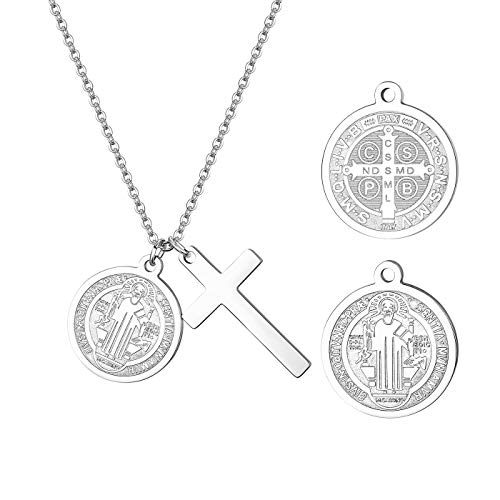 Flongo Benedict Medaillion Kreuz Anhänger Kette Halskette Silber Edelstahl Herren Damen Benediktussegen Saint Benedikt Medal Medaille Kreuz christlich christum von Flongo